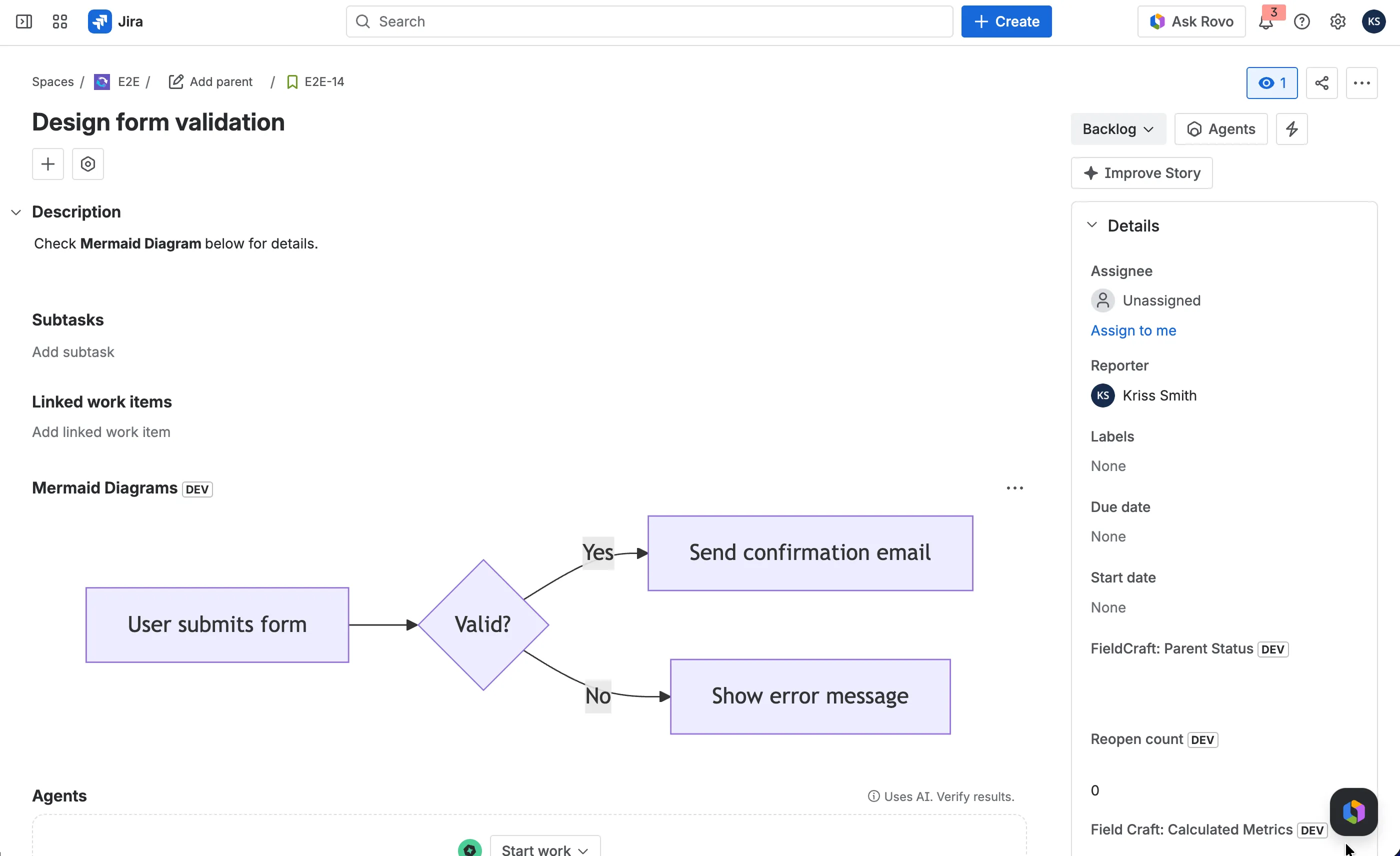 A Mermaid Diagrams panel rendering a flowchart directly on a Jira work item