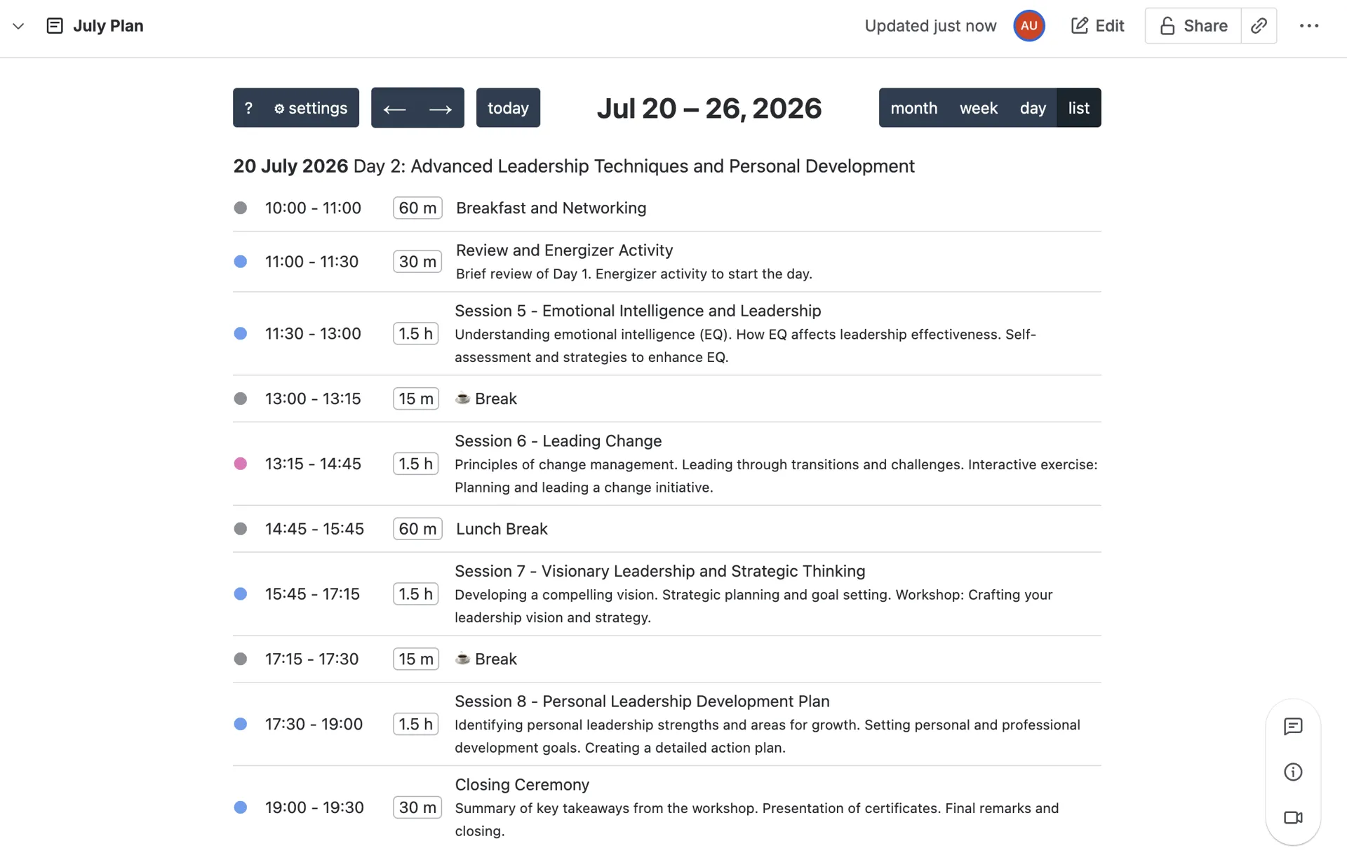 Example of a list view in Event Planner, showing a day of sessions with times, durations and descriptions