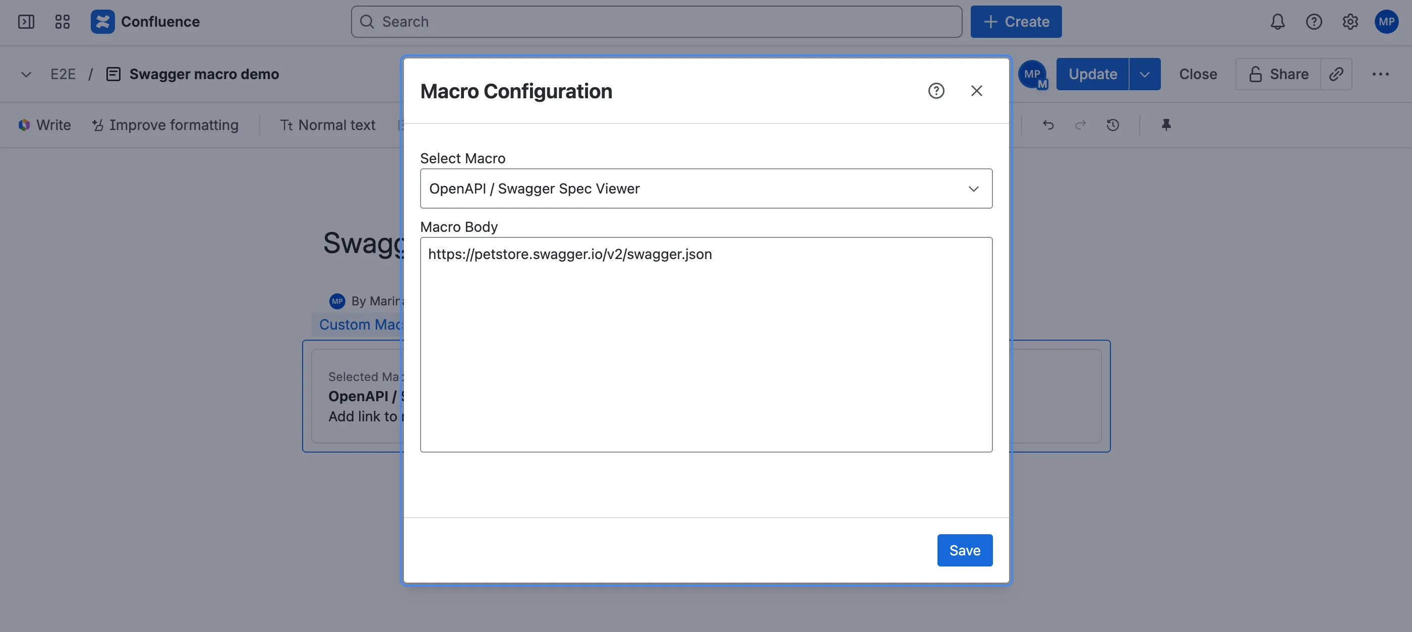 Configuring the custom macro on a Confluence page