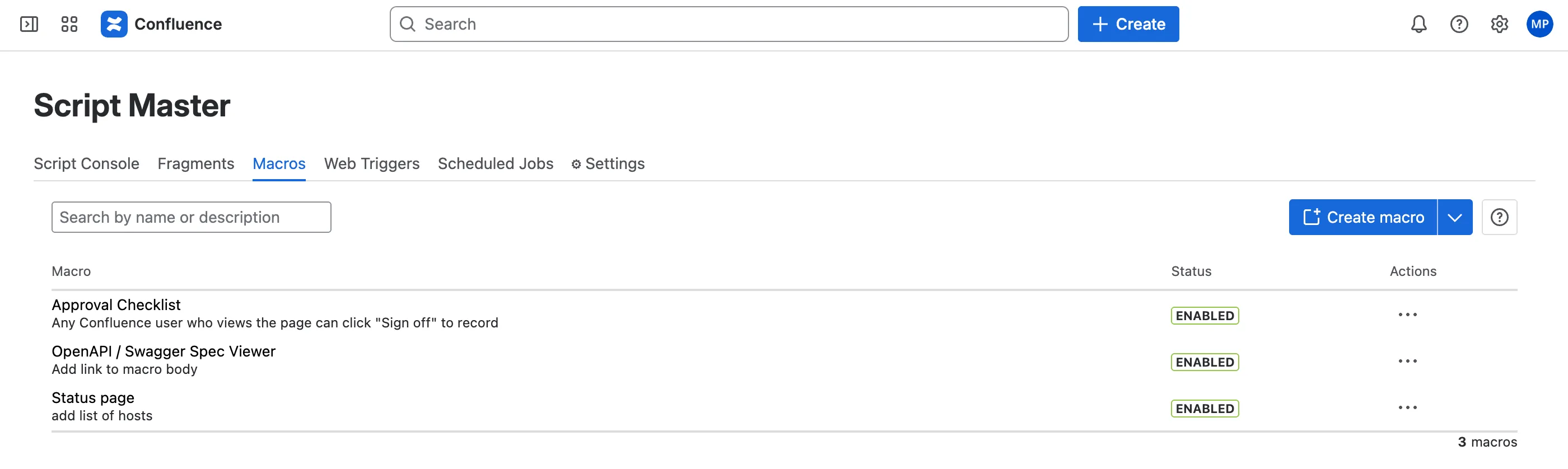 The Script Master main window in Confluence